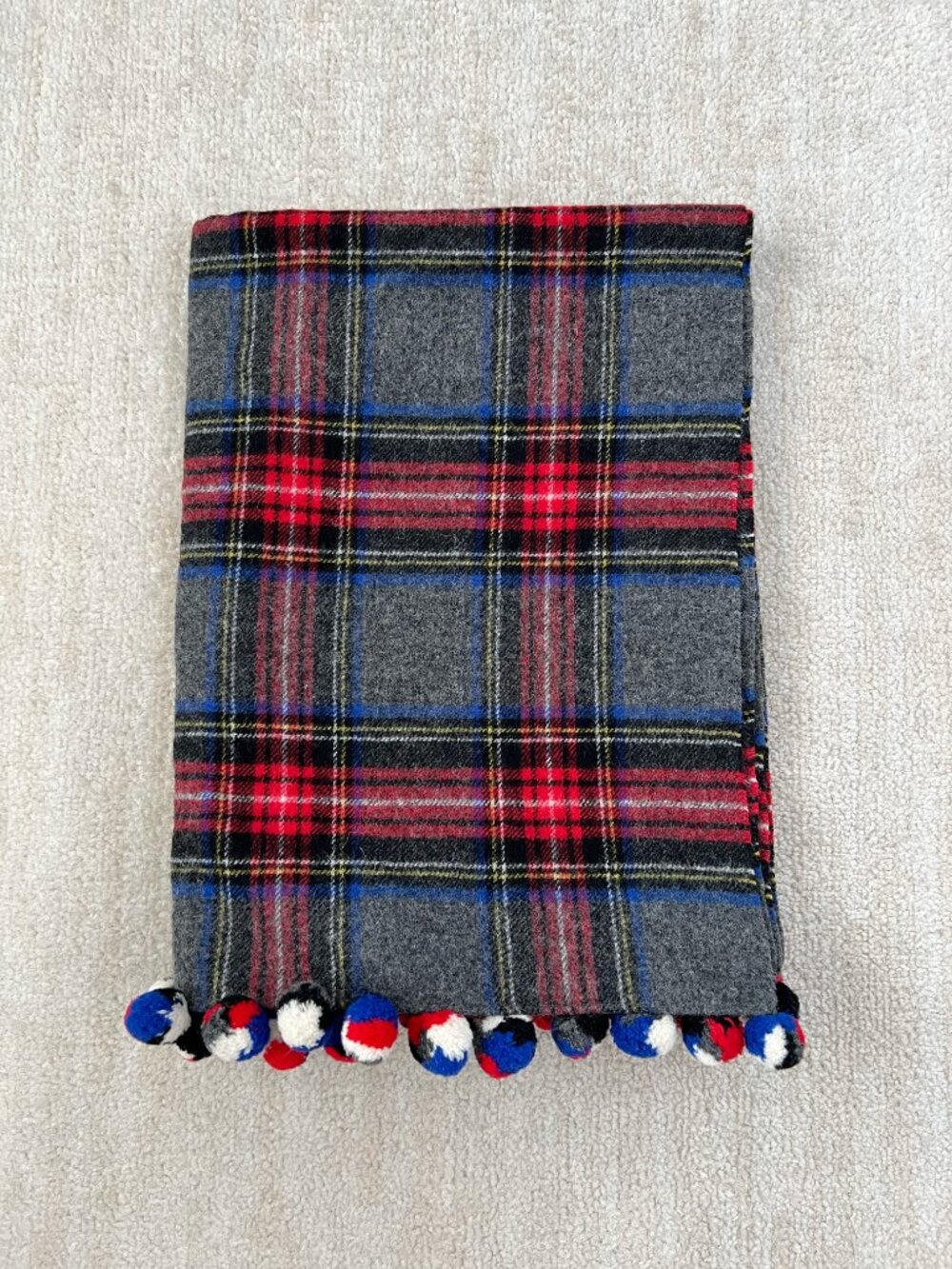 J. Crew Wool Tartan Plaid Pom Pom Scarf Wrap